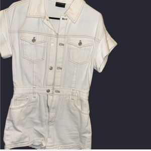 White Short Sleeve Denim Jumpsuit